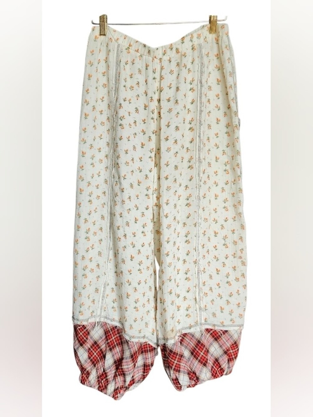 POL Wide-Leg Boho Harem Pants in Cream with Red Plaid Trim